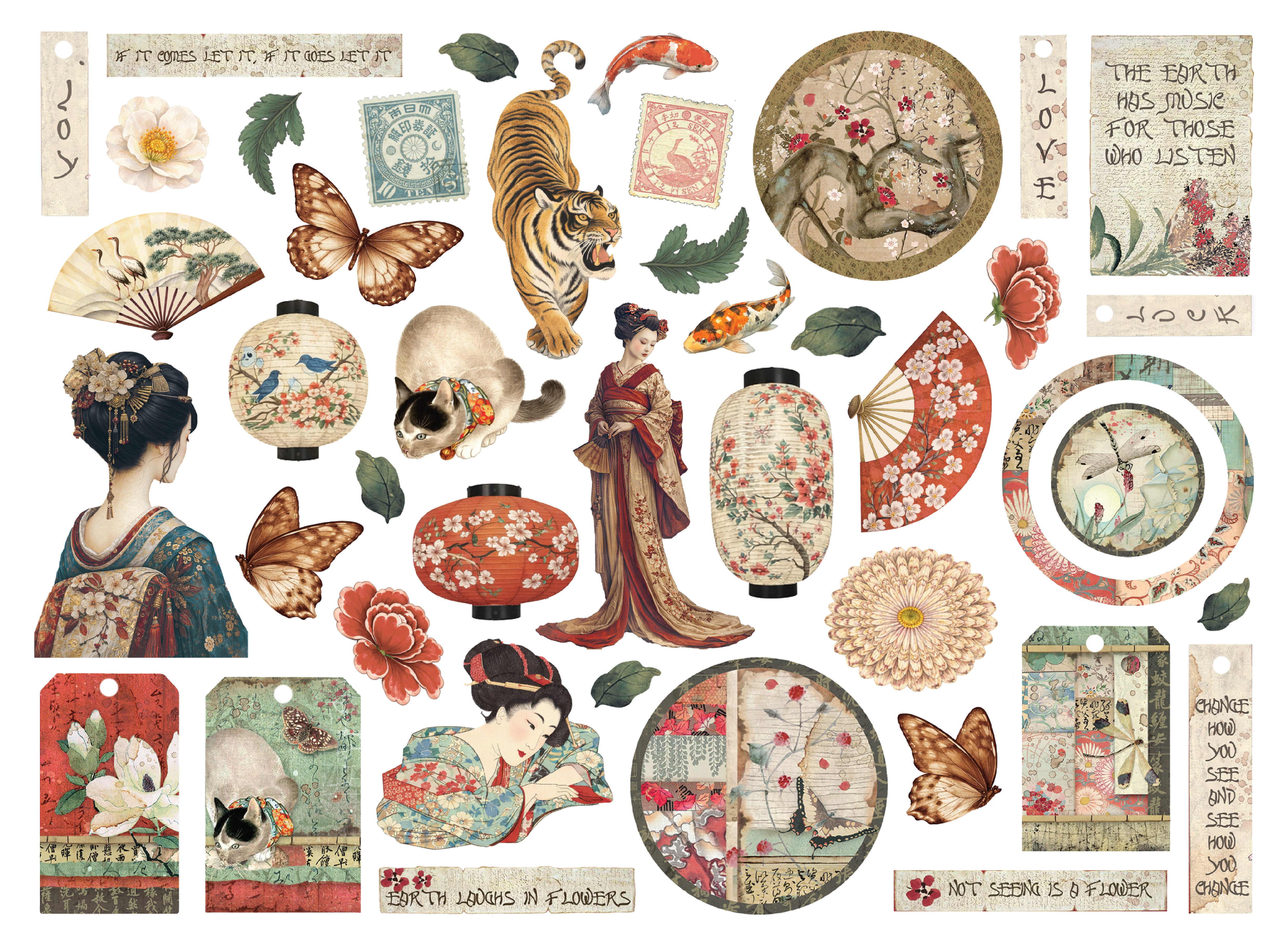 Collection of vintage-style illustrations featuring Japanese-themed elements such as geisha, lanterns, and nature.