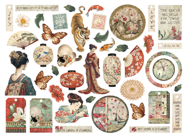 Collection of vintage-style illustrations featuring Japanese-themed elements such as geisha, lanterns, and nature.