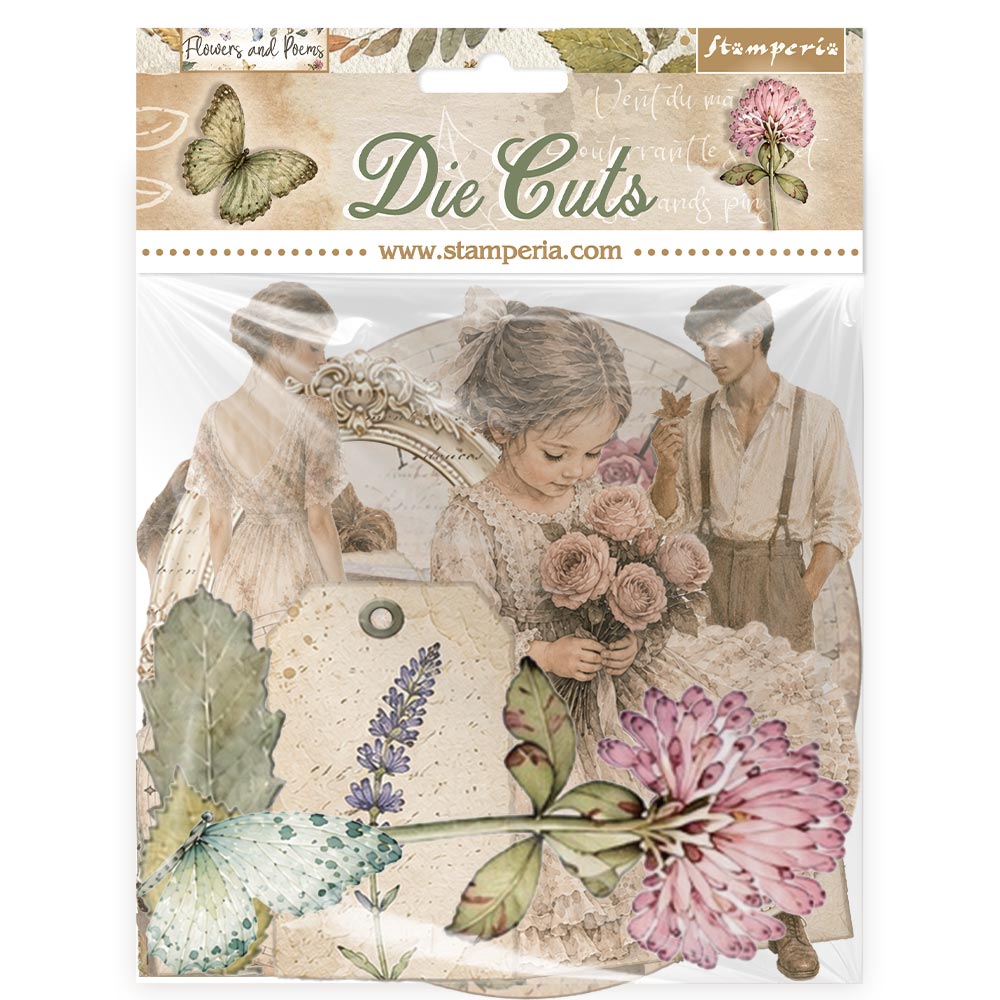 A packaged sheet of die-cut paper stickers from Stamperia, featuring vintage-style illustrations of a young girl holding a bouquet, a man in suspenders, butterflies, flowers, and decorative text on a white background.