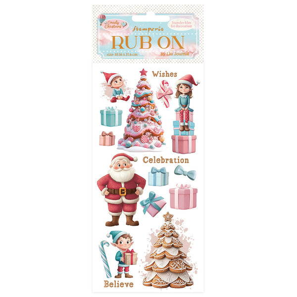 Rub-on transfers with Christmas-themed designs including elves, Santa Claus, and a gingerbread house on a white background.