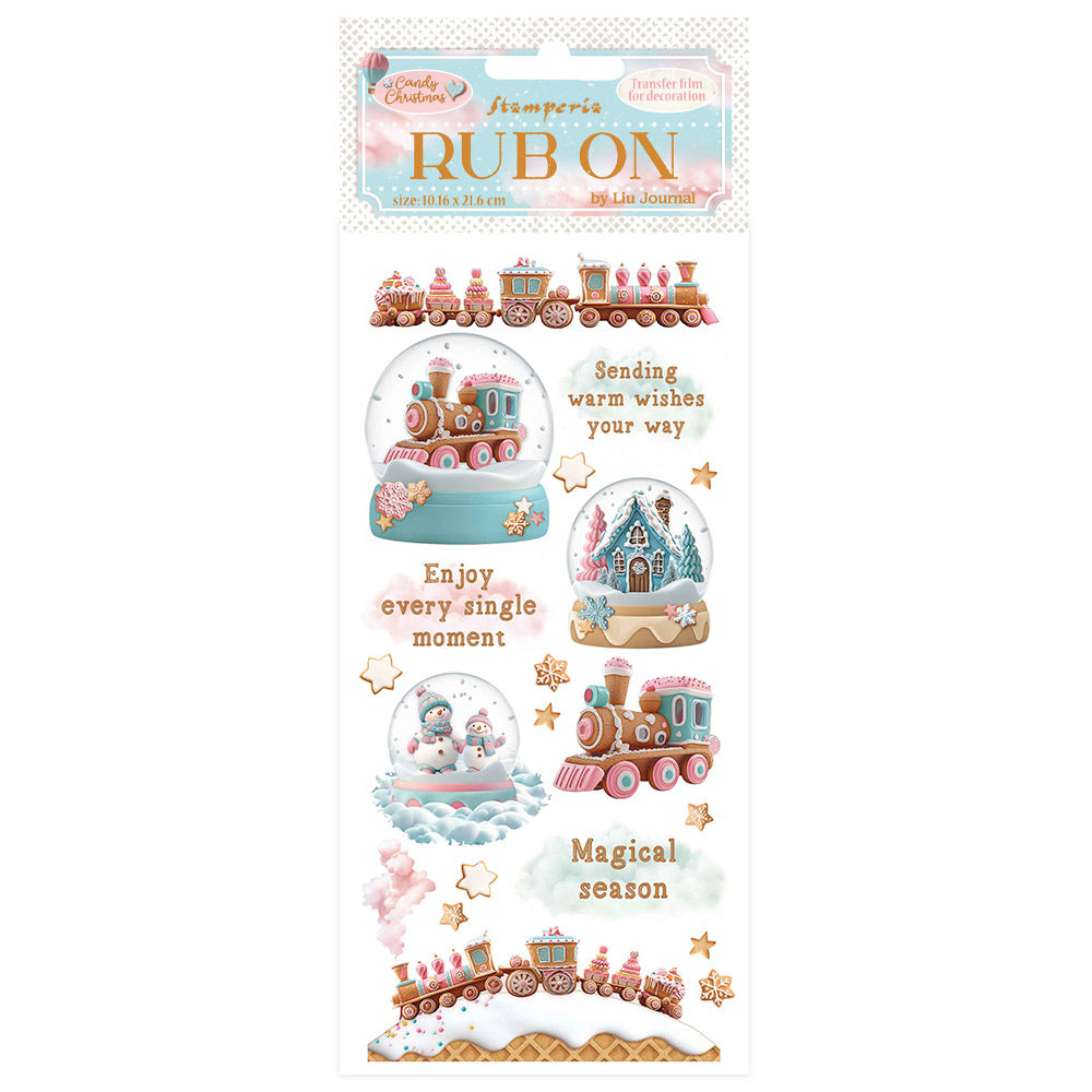Decorative rub-on transfers with train and snow globe designs on a white background