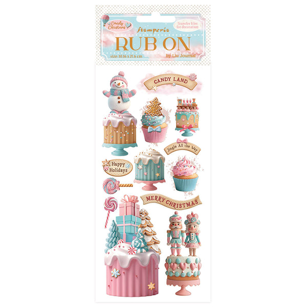 Decorative rub-on transfers with candy-themed designs on a white background
