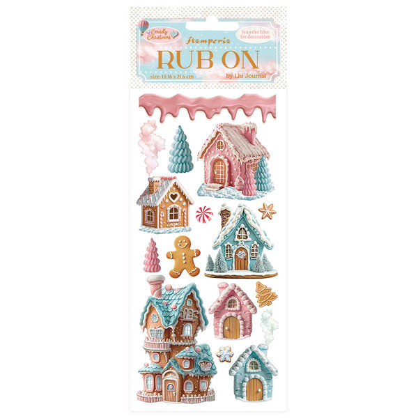 Decorative rub-on transfers with gingerbread houses and trees on a white background