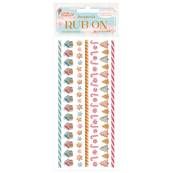 Decorative rub-on transfers with gingerbread house, candy cane, and star designs on a white background.