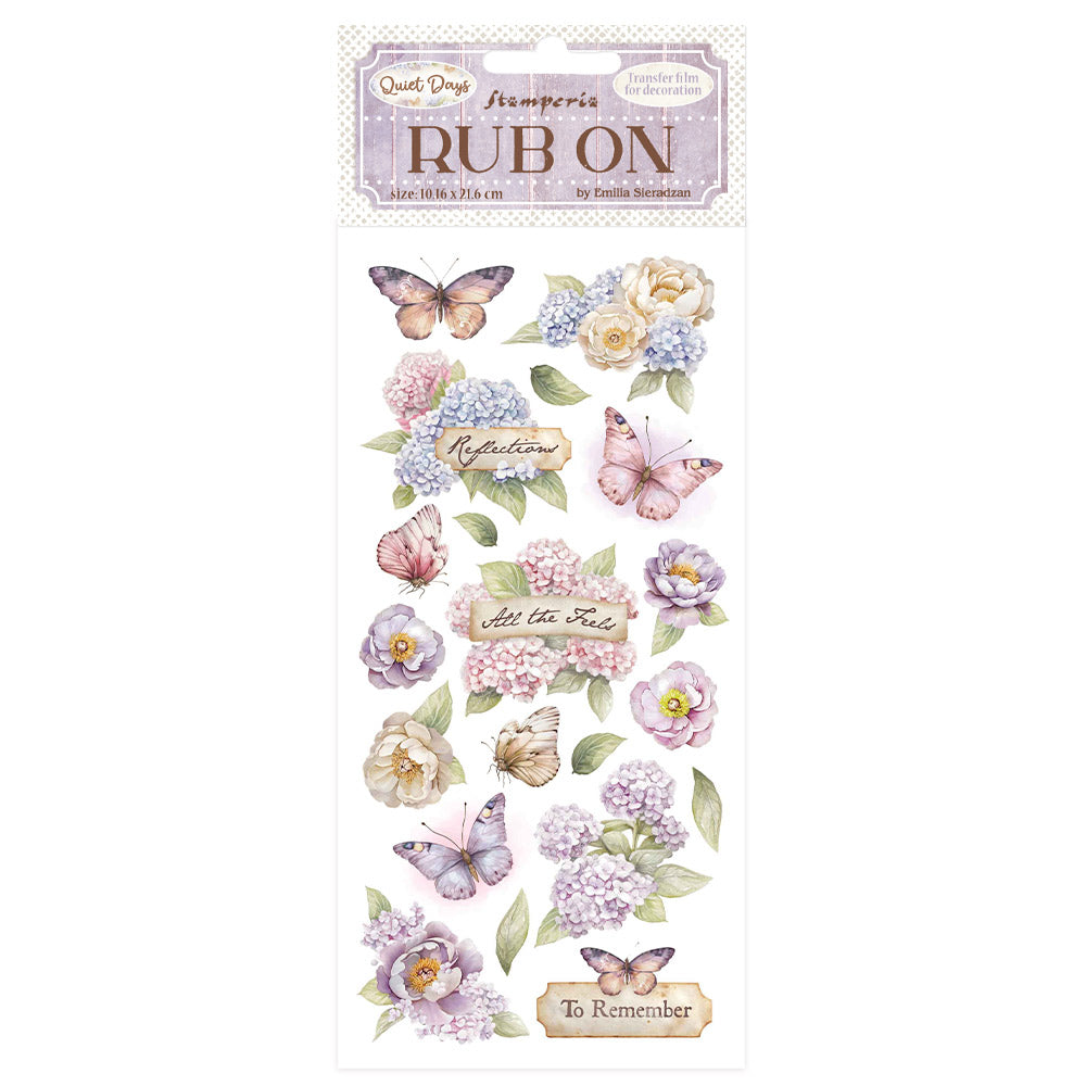 Rub-on transfer with floral and butterfly designs on a white background