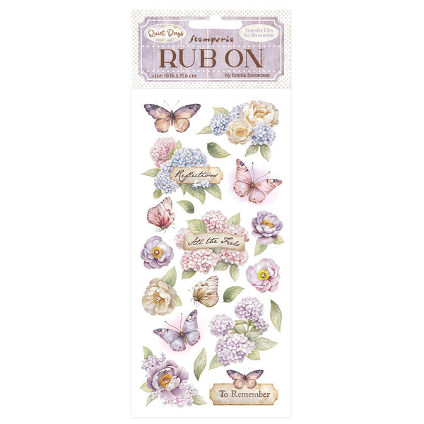 Rub-on transfer with floral and butterfly designs on a white background