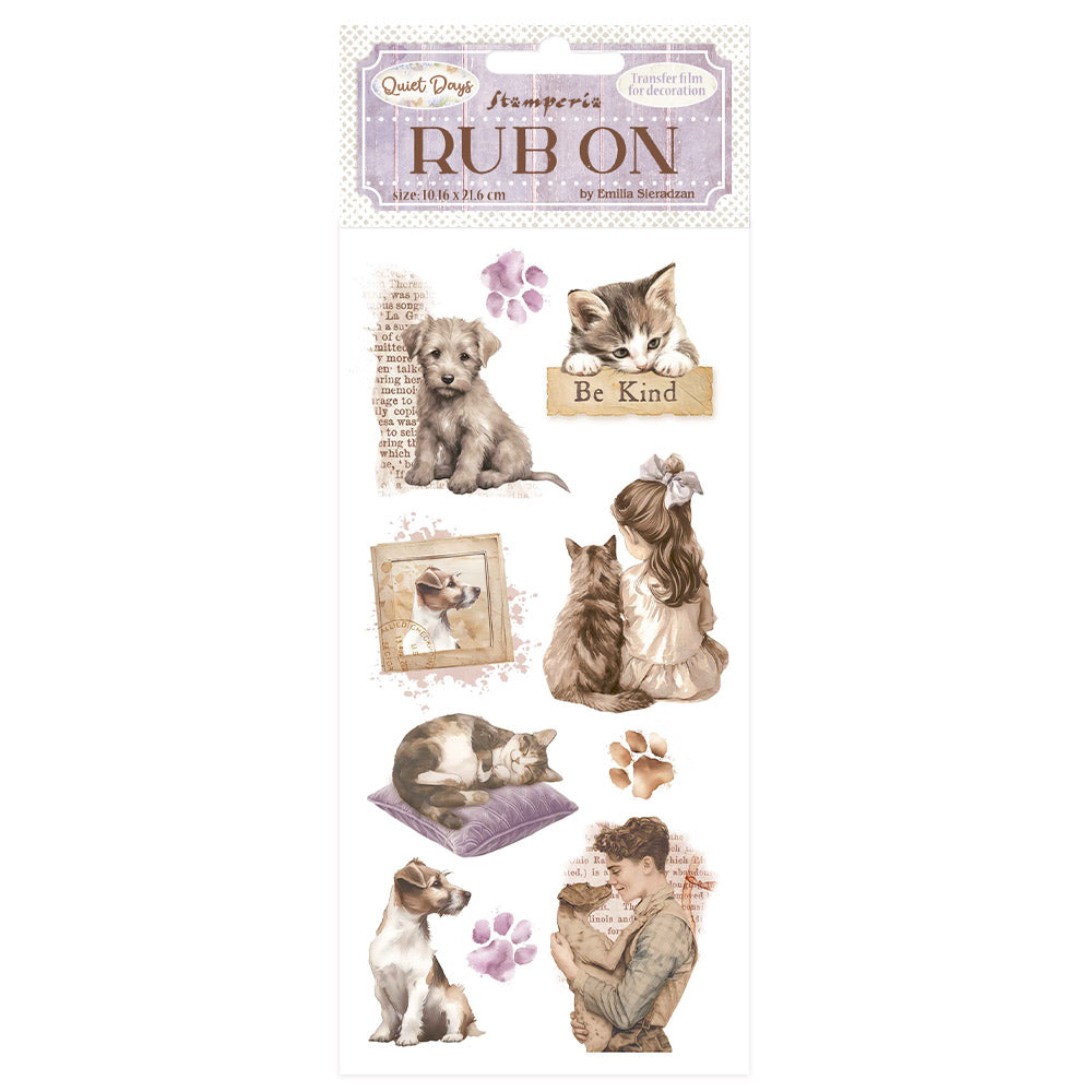 Sheet of decorative rub ons featuring animals and text on a white background