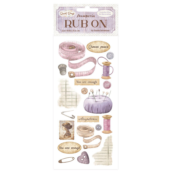 Rub On embellishments with sewing-themed RUB ONS on a white background