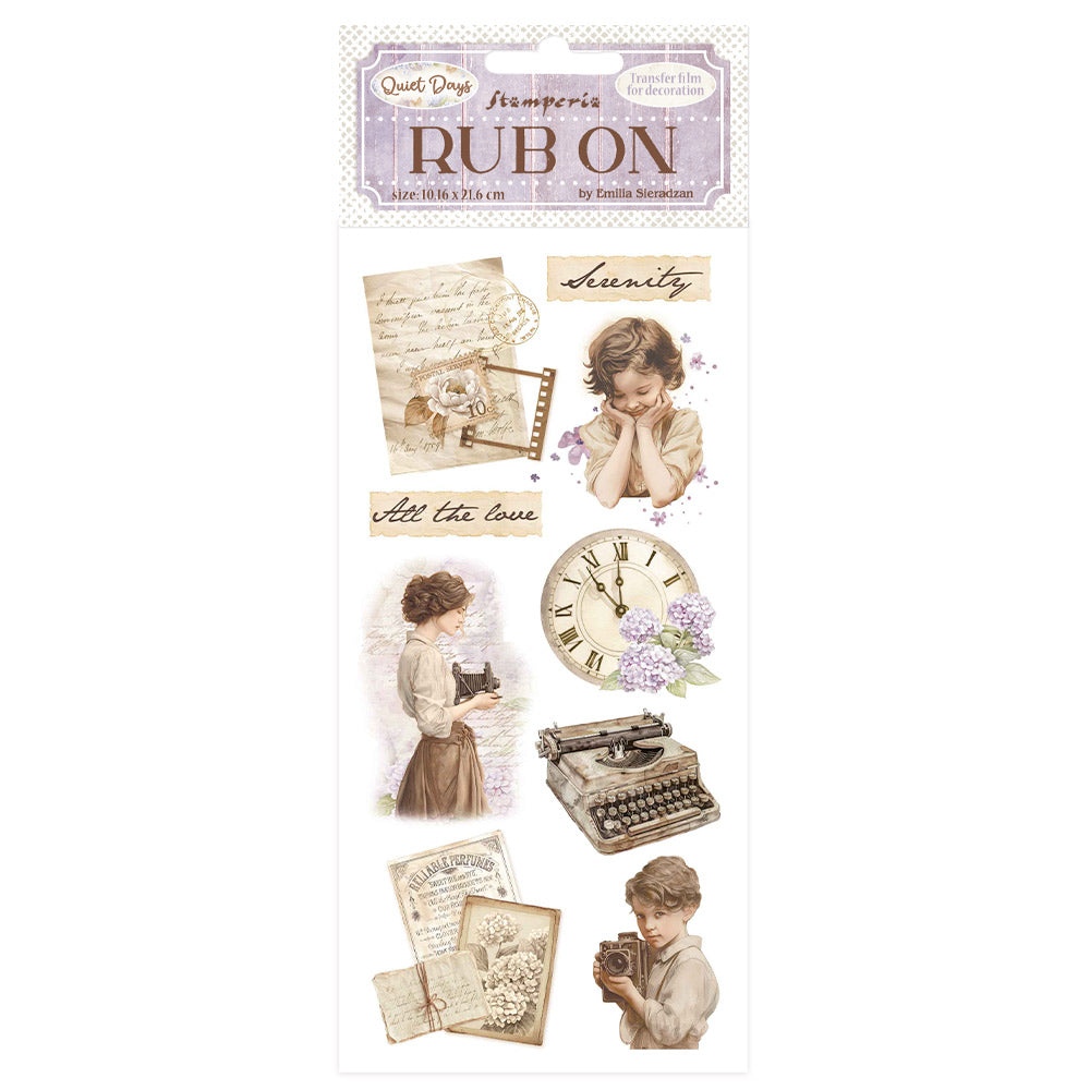Decorative rub-on transfers with vintage-themed designs on a white background