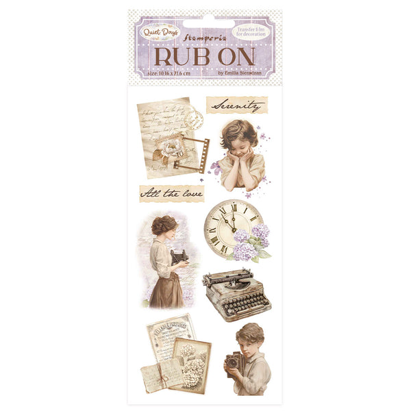 Decorative rub-on transfers with vintage-themed designs on a white background