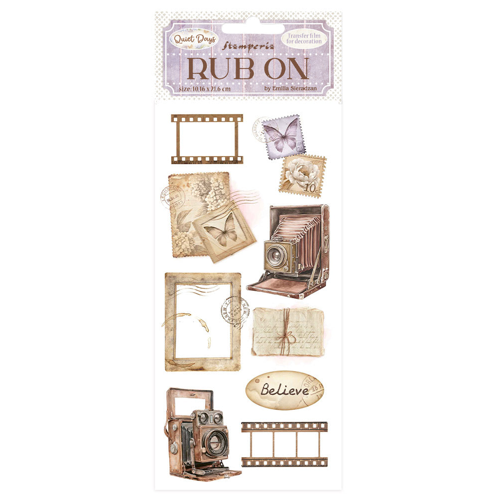 Rub-on transfers with vintage-themed designs on a white background