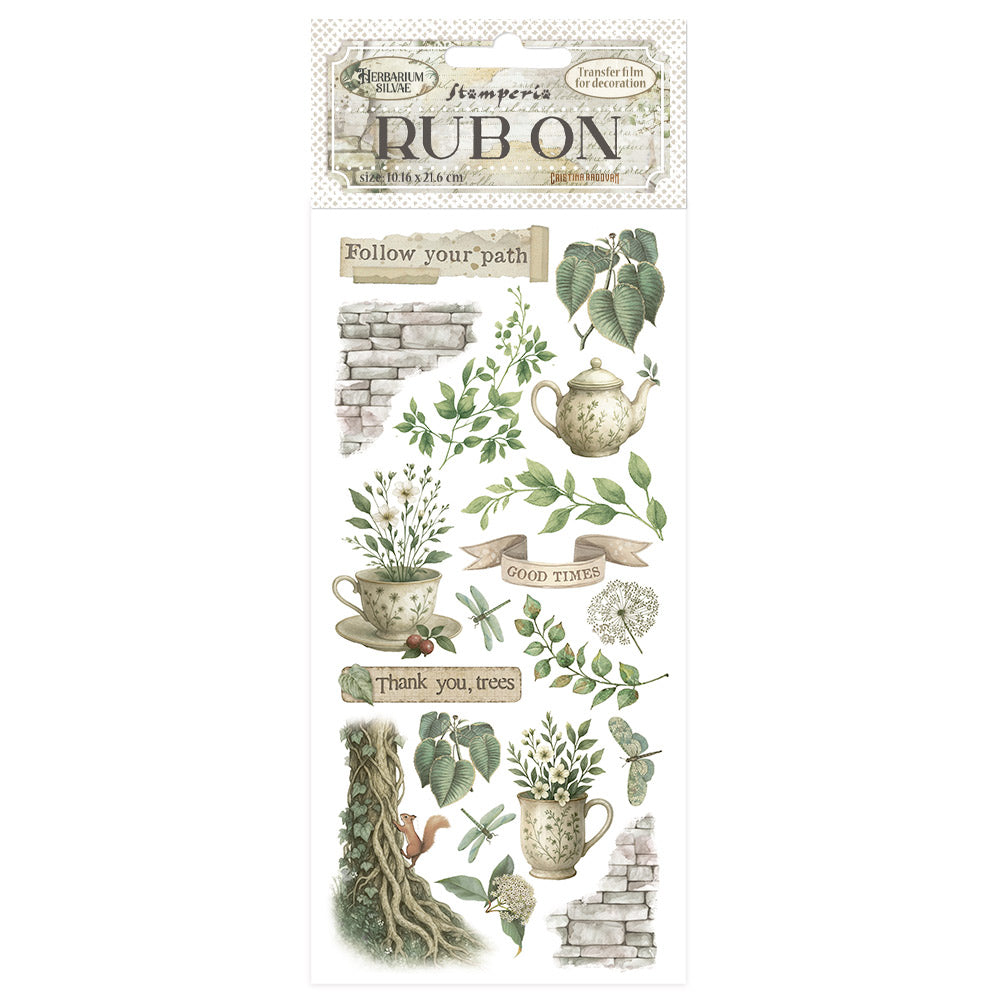 Decorative rub-on transfers with nature-themed designs and text on a white background.