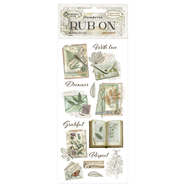 Collection of decorative rub-on transfers with nature-themed designs on a white background.