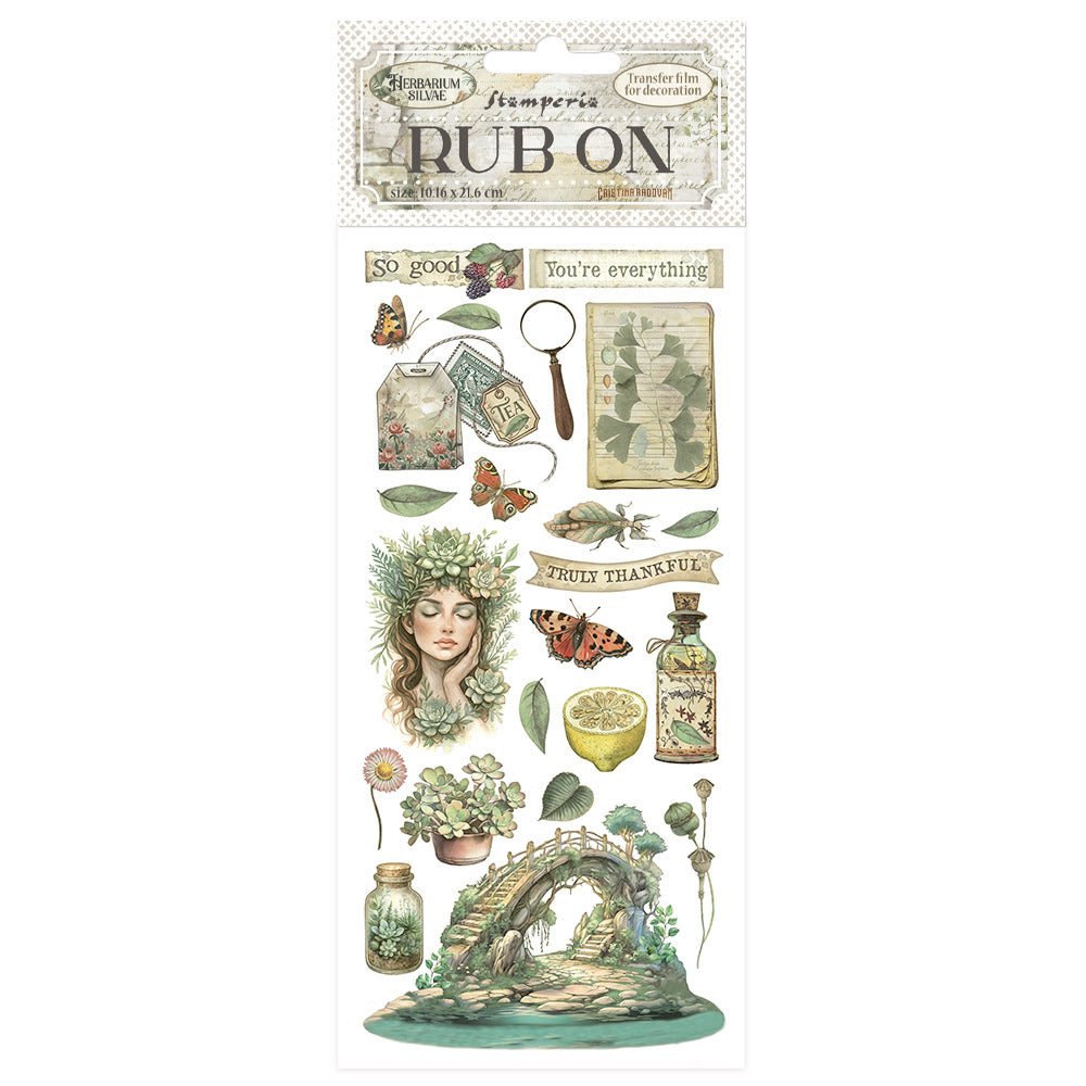 Decorative sheet with nature-themed designs and text on a white background