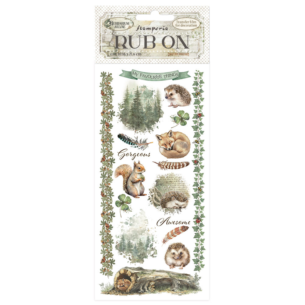 Rub-on transfer sheet with forest animals and nature-themed text on a white background