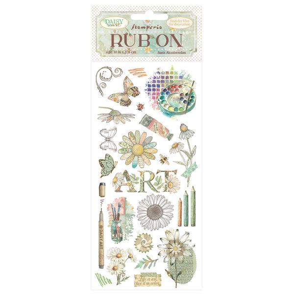 Rub-on transfers with floral and nature-themed designs on a white background