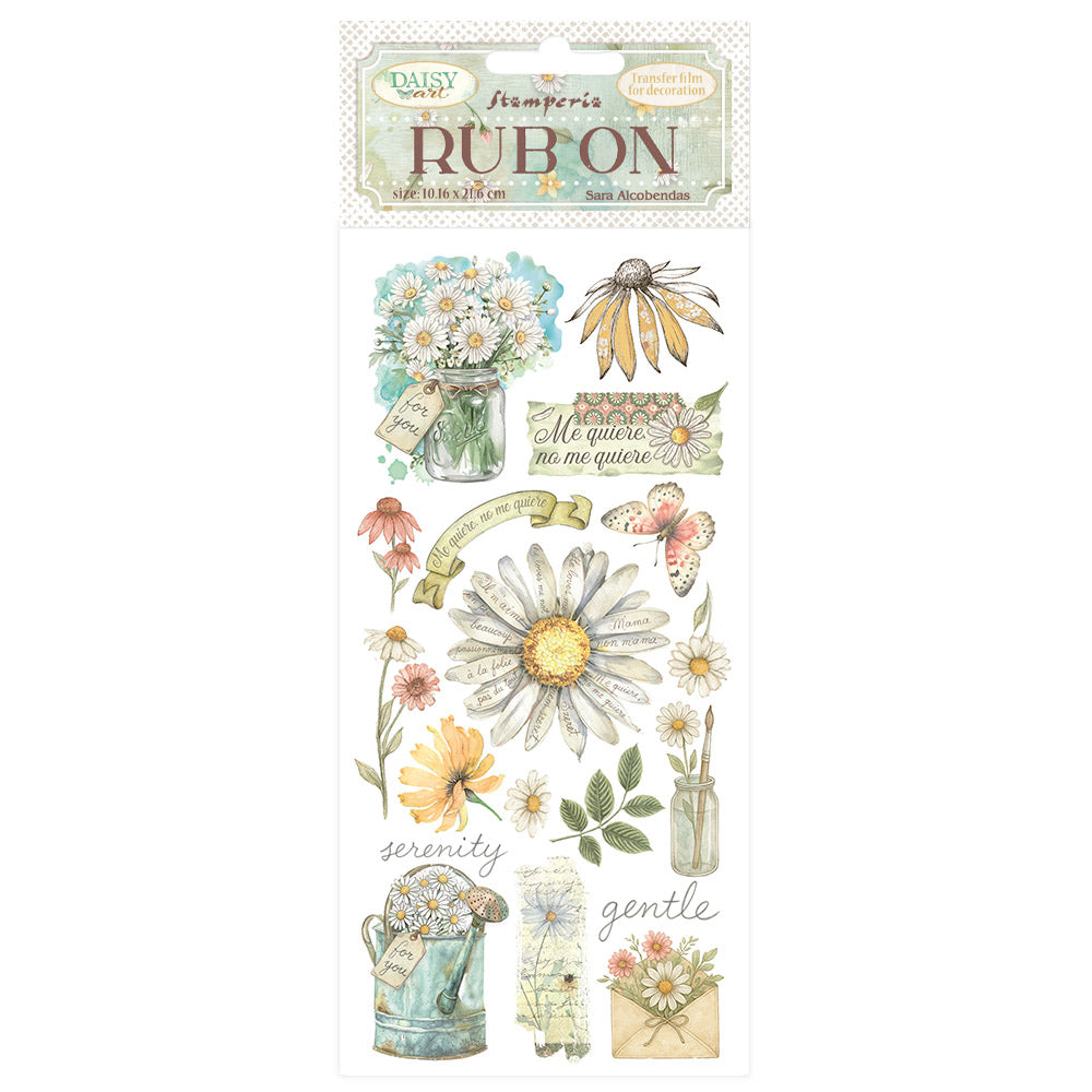 Rub-on transfers with floral and nature-themed designs on a white background