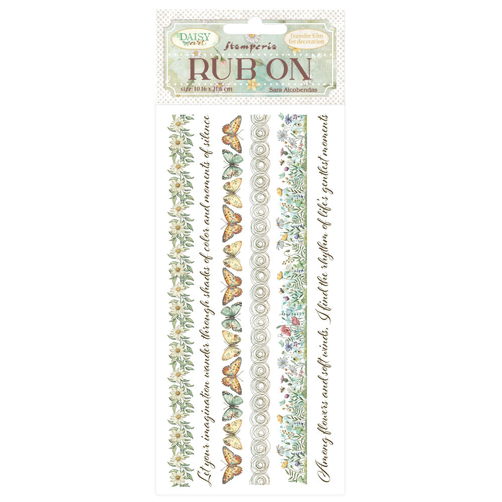 Rub-on transfer sheet with floral and butterfly designs on a white background