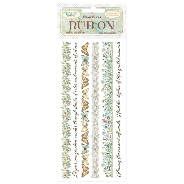 Rub-on transfer sheet with floral and butterfly designs on a white background