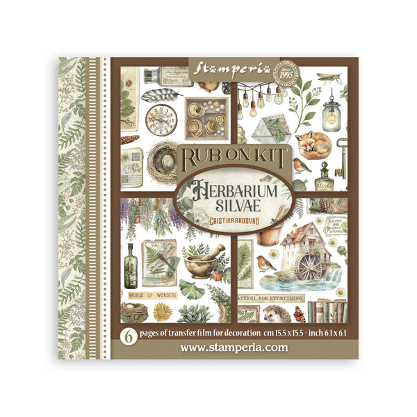 Rub on kit packaging with decorative design and text on a white background