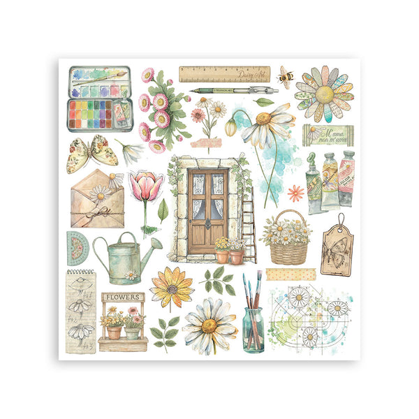 Collection of garden-themed illustrations including flowers, a door, a watering can, and other elements on a white background.