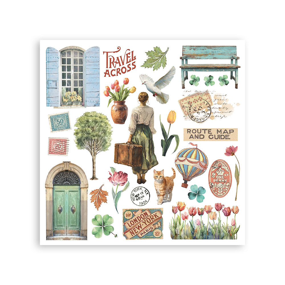 Collection of travel-themed illustrations including a woman with a suitcase, flowers, and architectural elements on a white background.