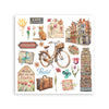 Collection of vintage-style illustrations including a bicycle, suitcases, and scenic views on a white background.