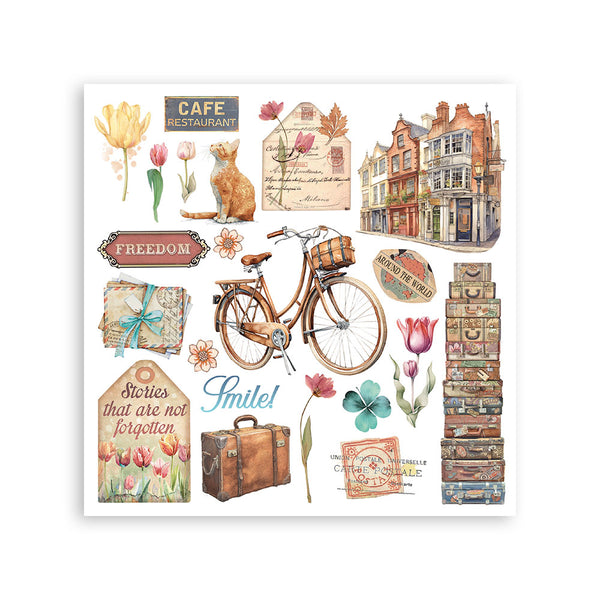 Collection of vintage-style illustrations including a bicycle, suitcases, and scenic views on a white background.