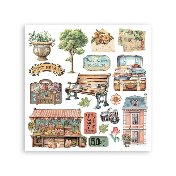 Collection of vintage-style illustrations including a bench, suitcase, and building on a white background.