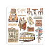Collection of travel-themed illustrations including a van, people, buildings, and transportation on a white background.