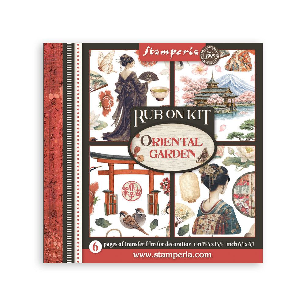 Stamperia Oriental Garden rub on kit packaging with Japanese-themed illustrations.