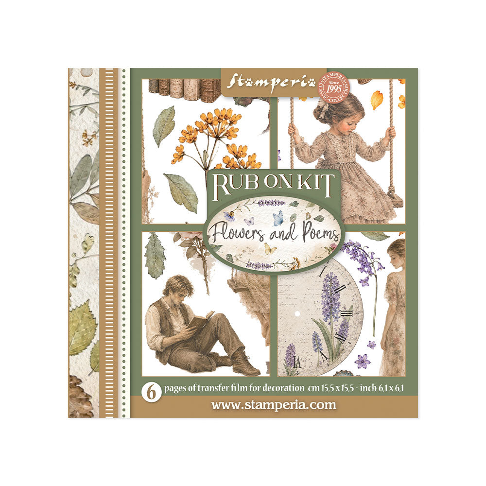 Stamperia Rubon Kit 'Flowers and Poems' decorative transfer film sheet, featuring vintage illustrations of children, flowers, leaves, and a striped border on a white background.