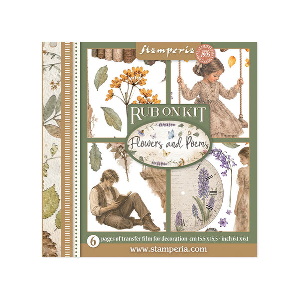 Stamperia Rubon Kit 'Flowers and Poems' decorative transfer film sheet, featuring vintage illustrations of children, flowers, leaves, and a striped border on a white background.