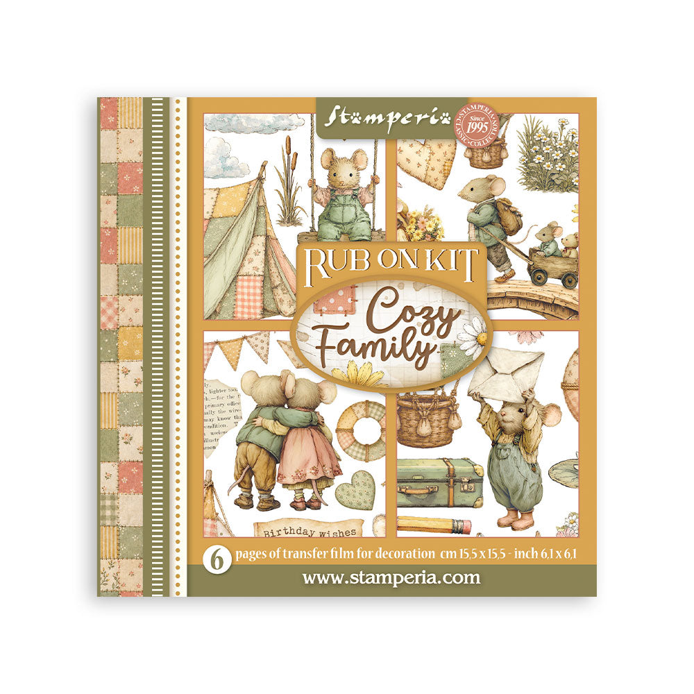 Stamperia 'Cozy Family' rub on kit packaging, featuring a vintage-style mouse illustration collage with camping, baking, and cozy home elements on a cream background with a tan border.