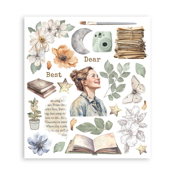 Illustration of a woman surrounded by flowers, books, and stationery items on a white background.