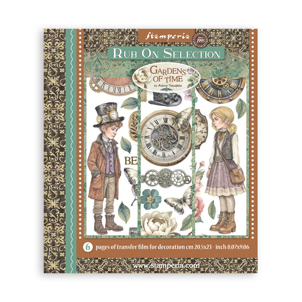 Stamperia 'Gardens of Time' Rub On Selection packaging with decorative elements and illustrations.