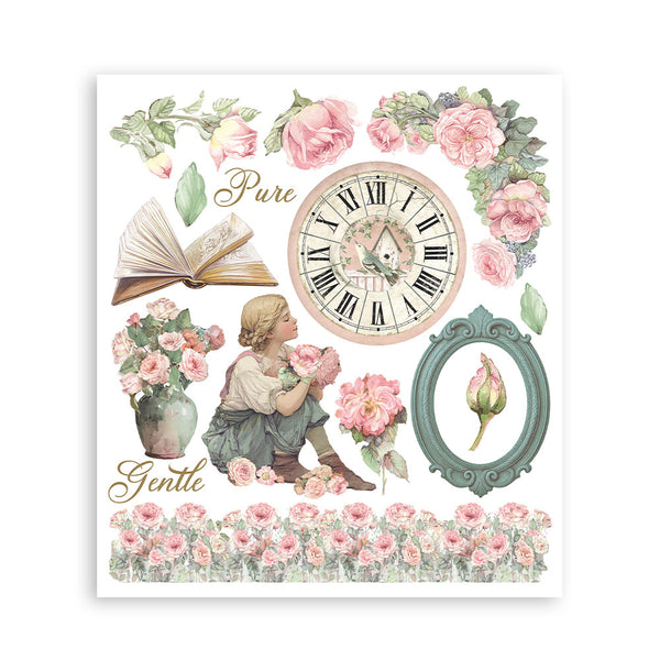 Decorative print with a clock, flowers, and a girl holding flowers on a white background.