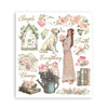Decorative print with a woman, dog, flowers, and text on a white background