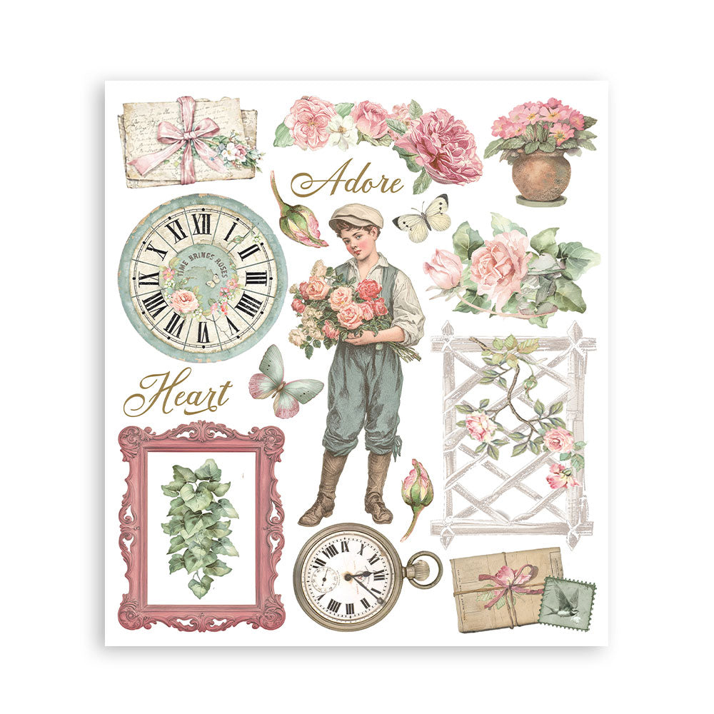 Vintage-style collage with flowers, clocks, and a boy holding flowers on a white background.