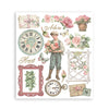 Vintage-style collage with flowers, clocks, and a boy holding flowers on a white background.