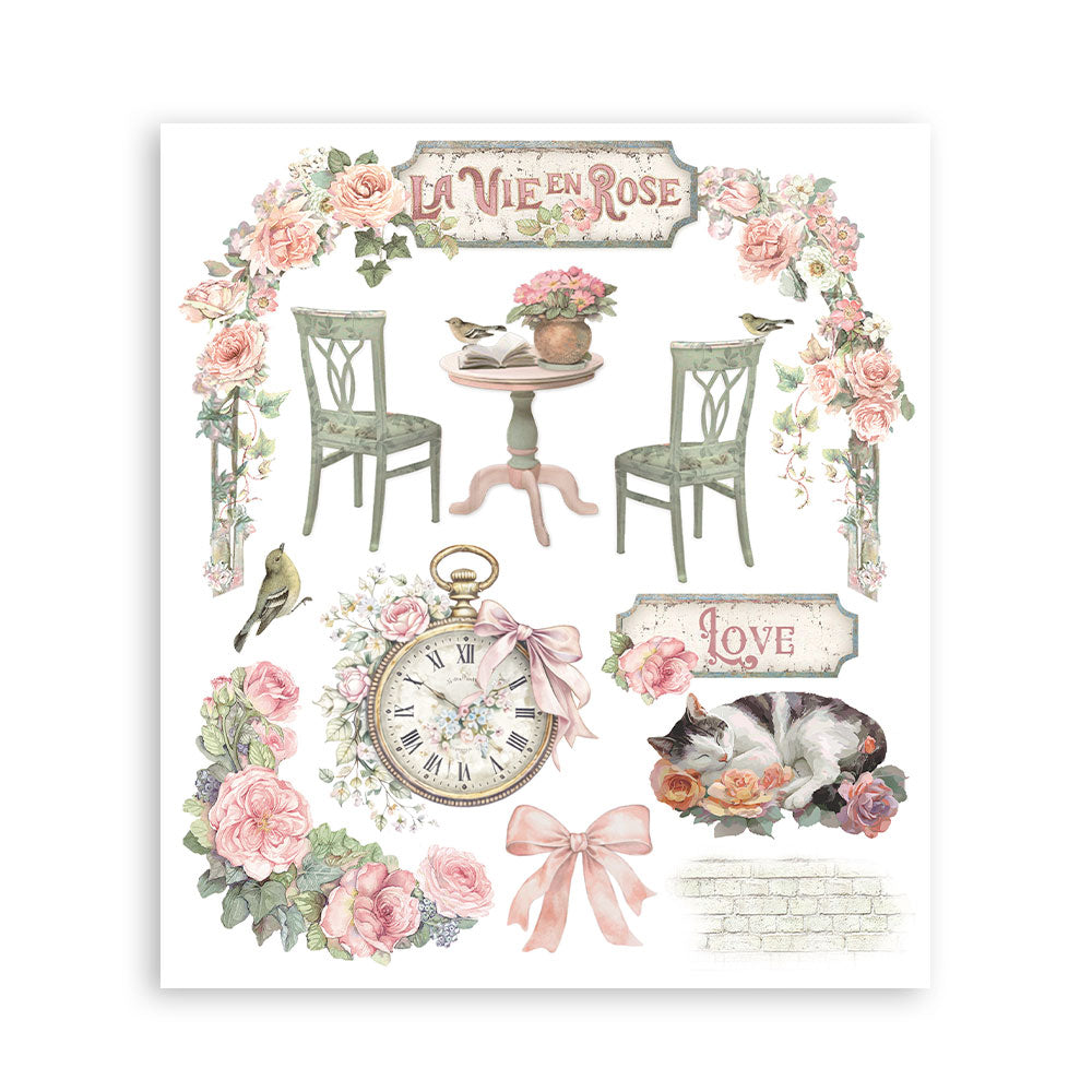 Decorative print with floral arch, chairs, clock, and 'La Vie en Rose' text on a white background.