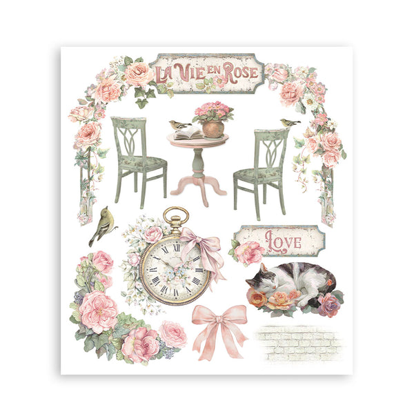 Decorative print with floral arch, chairs, clock, and 'La Vie en Rose' text on a white background.