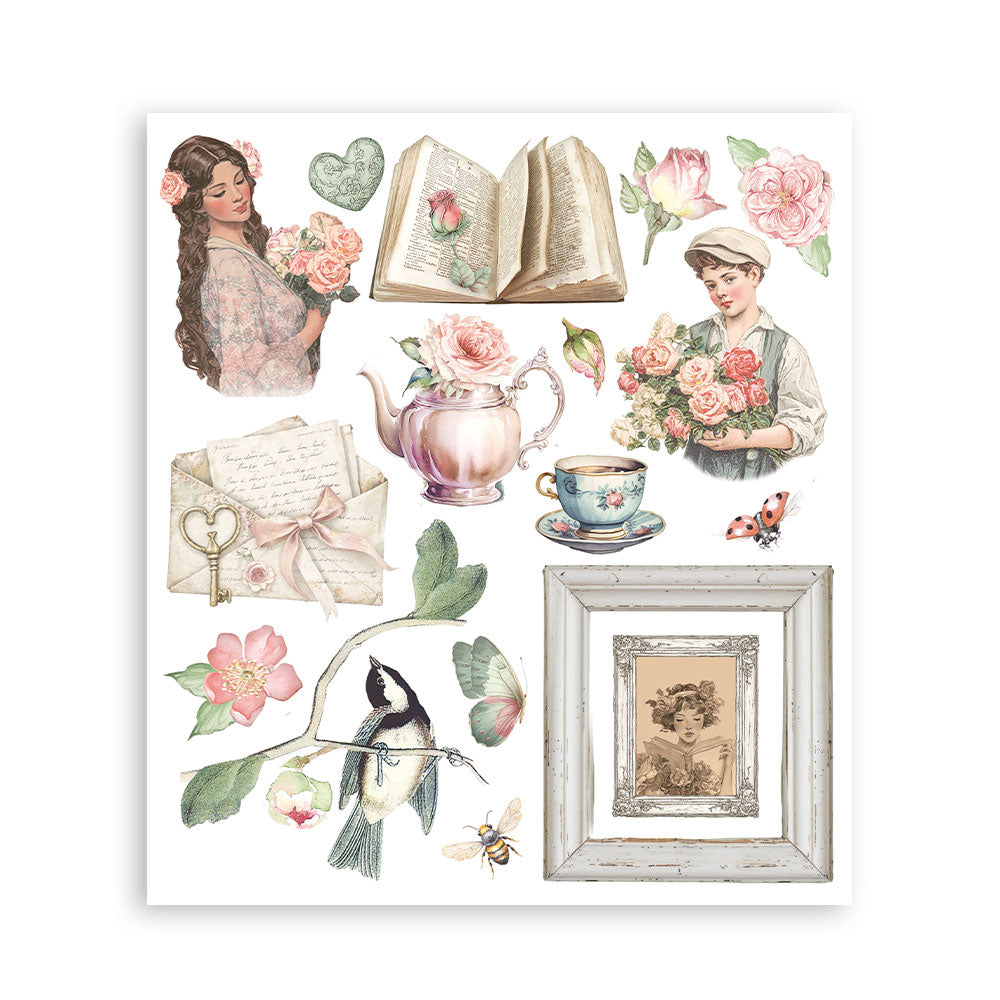 Vintage-style wall decal set with women, flowers, books, teapots, and nature elements on a white background.