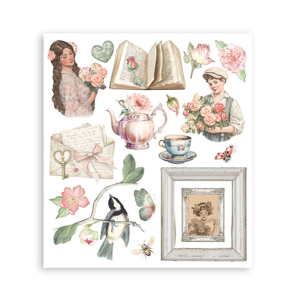Vintage-style wall decal set with women, flowers, books, teapots, and nature elements on a white background.