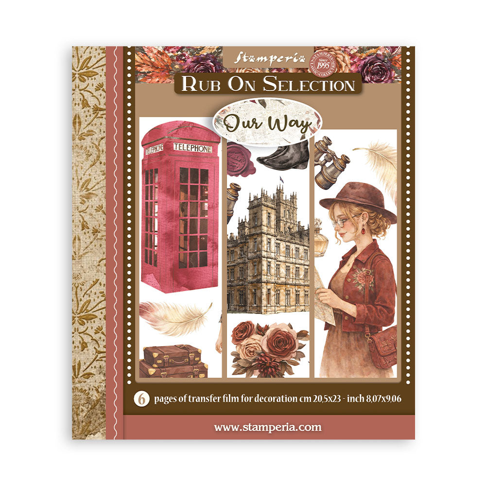 Stamperia 'Rub On Selection' 'Our Way' transfer sheet packaging, featuring vintage illustrations of a red telephone booth, a grand building, a woman in a hat, and feathers on a brown and beige patterned cover.