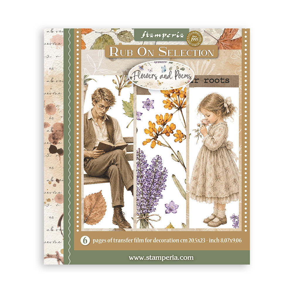 Stamperia Rub On Selection 'Flowers and Poems' transfer film sheet, featuring vintage illustrations of a man reading and a girl holding flowers, with lavender, orange flowers, and autumn leaves on a beige and green patterned background.
