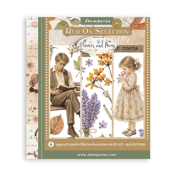 Stamperia Rub On Selection 'Flowers and Poems' transfer film sheet, featuring vintage illustrations of a man reading and a girl holding flowers, with lavender, orange flowers, and autumn leaves on a beige and green patterned background.