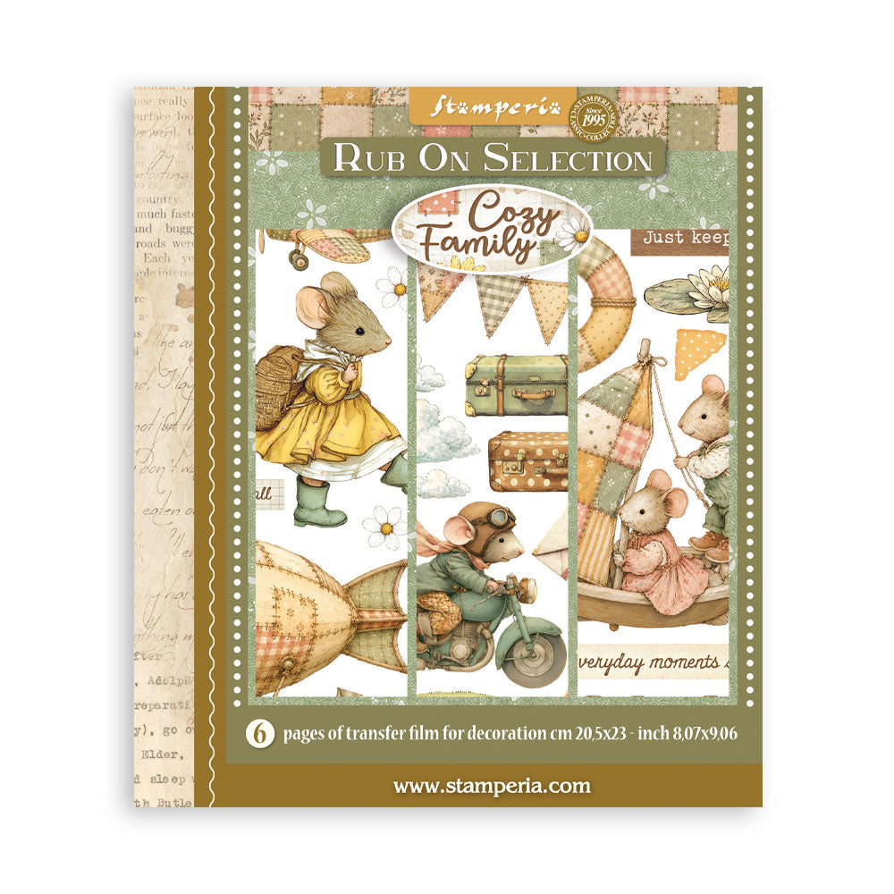 Stamperia 'Rub On Selection' 'Cozy Family' transfer film sheet, featuring vintage illustrations of mice in a cozy home setting with a yellow dress, green boots, a bicycle, and a small sailboat, presented on a brown and beige patterned background.