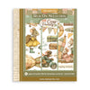 Stamperia 'Rub On Selection' 'Cozy Family' transfer film sheet, featuring vintage illustrations of mice in a cozy home setting with a yellow dress, green boots, a bicycle, and a small sailboat, presented on a brown and beige patterned background.