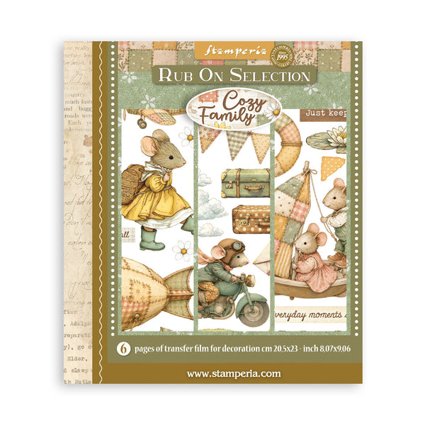 Stamperia 'Rub On Selection' 'Cozy Family' transfer film sheet, featuring vintage illustrations of mice in a cozy home setting with a yellow dress, green boots, a bicycle, and a small sailboat, presented on a brown and beige patterned background.